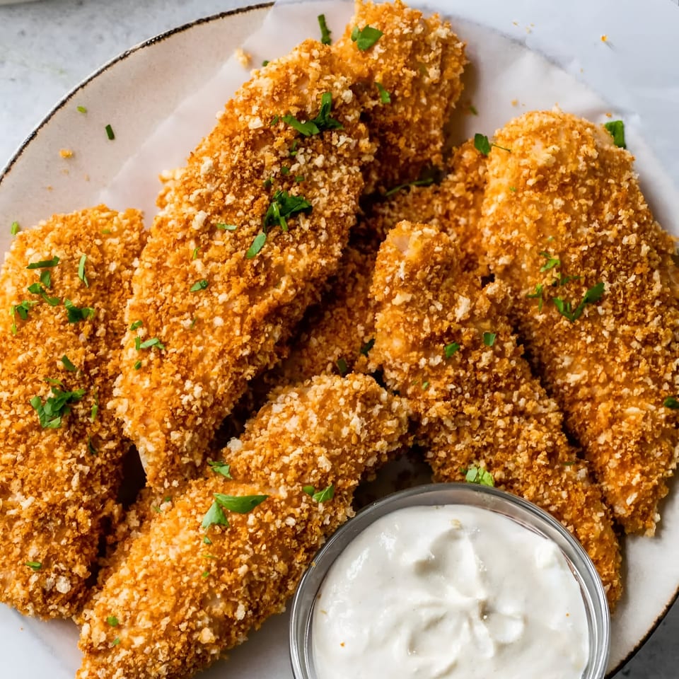 Crispy breaded chicken tenders with parsley flakes and a side of creamy white dipping sauce.